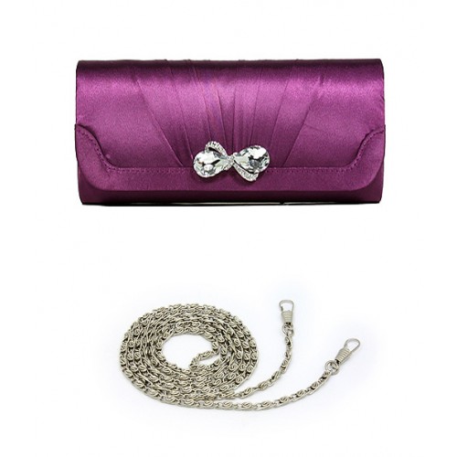 Evening Bag - Pleated Satin w/ Rhinestones Accent Snap - Purple - BG-92406PU